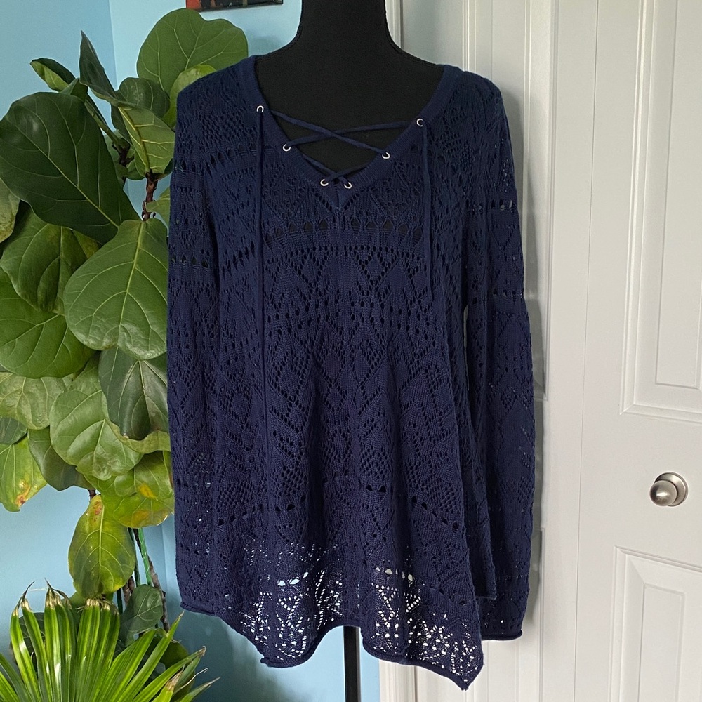 John Paul Richard Navy Blue Knit Long Sleeve Large Sweater Cover Up Top